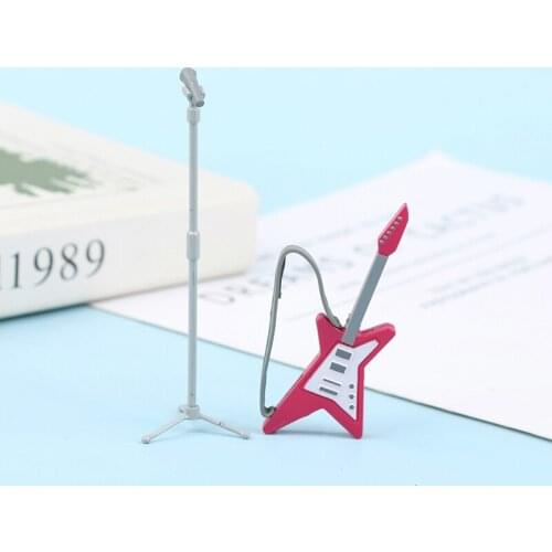 1 Set Dollhouse Miniature Guitar Microphone Model Vocal Concert Set Kids Pretend Play Furniture Model Mini Figures Accessories