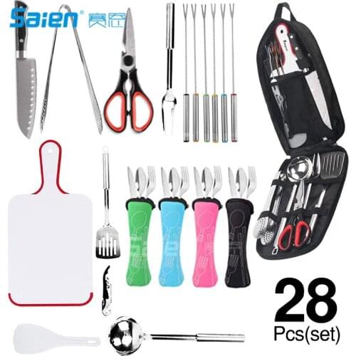 28 Pcs Camping Cookware Utensils Travel Set, Camp Kitchen Utensil Organizer with Tongs, Scissors, Cutting Board, for Backpackin