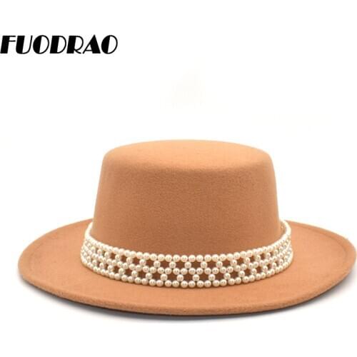 FUODRAO New Classic Solid Color Flat Top Bowler Hat Wool Fedora Hat Women Wide Brim Jazz Hat European American Round Caps P1