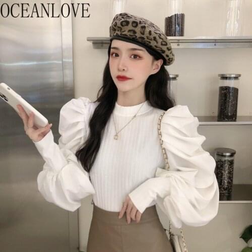 OCEANLOVE Autumn Pullovers Solid Puff Sleeve Slim Women Sweaters Korean Patchwork Fashion Winter Mujer Sueteres Clothes 18616