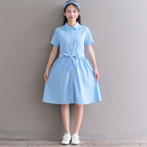 Mori girl new cotton linen dress 2019 summer fashion vintage embroided floral dress