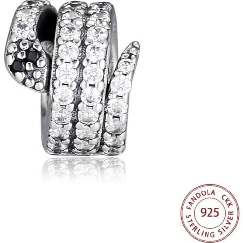 Genuine 925 Sterling Silver Clear CZ Sparkling Snake Charm Beads for Jewelry Making Fit Original Bracelet Argent