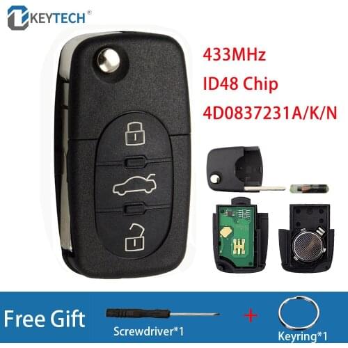 OkeyTech 433MHz Flip Car Remote Key for Audi A3 A4 A6 A8 B5 TT RS4 Quattro Old Models ID48 Chip 4D0837231A/K/N Uncut HU66 Blade