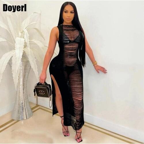 Beach Party Sexy Club Summer Dress Women See Through Cover-Up Split Beachwear Long Dress Cover Up Swimwear Swimsuit Dress