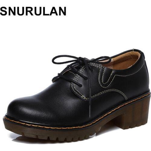 SNURULAN Women2020British Style Oxford Heel Casual Shoes Fashion Loafers Platform Oxford Shoes For Women Lace Up Female Retro