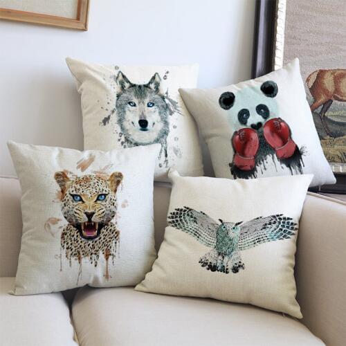 Watercolor And ink Splashing Style Cute Cartoon Animal Dog Cat Leopard Bird And Skeleton Pattern Pillow Case Home Cushion Cover