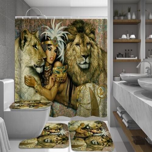 3D African Queen Women Lion Print Waterproof Shower Curtain Anti-skid Bath Rugs Carpet Toilet Lid Cover Bath Mat Bathroom Decor