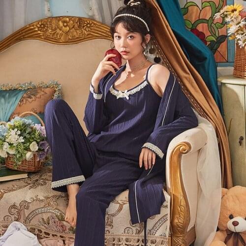 M-5XL Womens 3PCS Cotton Pajamas Suit Plus Size Spring Autumn New Loose Sleepwear Sexy Strap Home Wear Sweet Lace Bow Nightwear