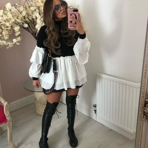 Imcute Women Turtleneck Knit Blouse Elegant Fashion Long Sleeve Ruffle Trim Patchwork Knit Pullover Shirts Autumn Chic Lady Tops