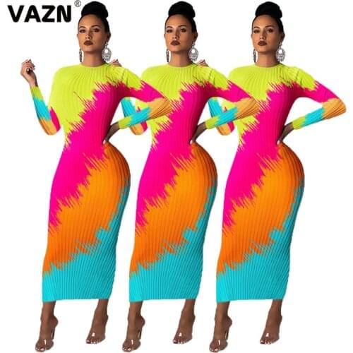 VAZN Color Splice Ankle Dress New Fashion 2020 spring sexy lady long dress high full sleeve O-neck sheath dress lady dress