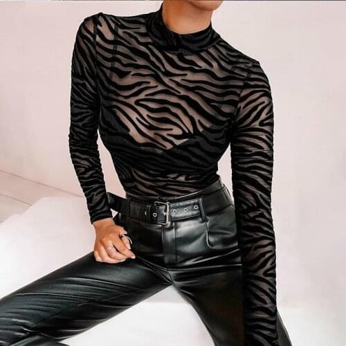 LaStylisher Sexy Mesh Stripe Print Women Bodysuit Long Sleeve Mock Neck See Through Bodysuits New Black Elastic Ladies Rompers