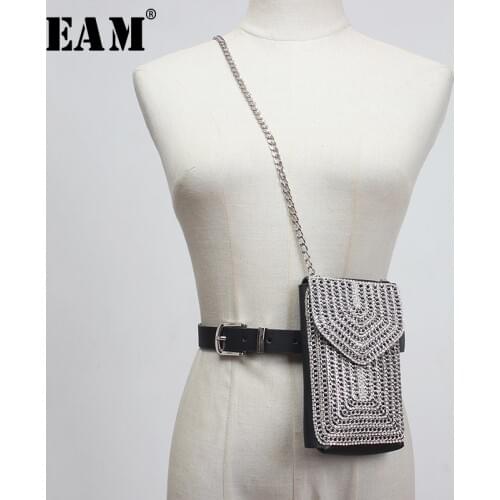 [EAM] Pu Leather Rhinestones Metal Chain Stitch Long Belt Personality Women New Fashion Tide All-match Spring 2021 1X050