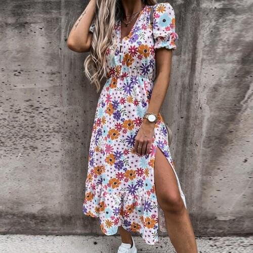 Elegant Women Short Sleeve Floral Pattern Dress Sexy V-Neck Mid-Calf Slim Fit Dresses Ladies High Waist Streetwear Casual Dress