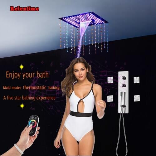 Crystal Quartz Bluetooth Connection Shower Head Bathroom Shower Set Thermostatic Faucet Mixer Shower Speaker System Massage Jets
