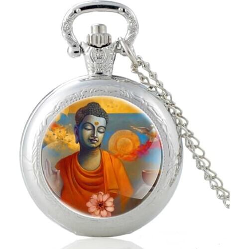 Classic Buddha Painting Ananda Design Silver Vintage Quartz Pocket Watch Men Women Pendant Necklace Hours Clock Gifts