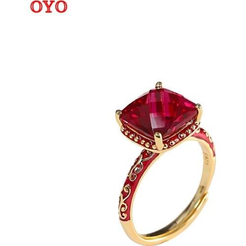 100% s925 sterling silver red corundum faceted square fashion enamel open ring for women