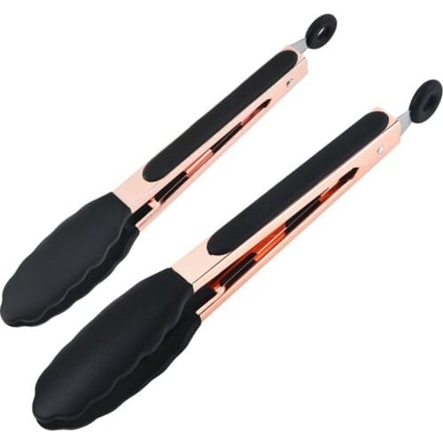 12-Inch Rose gold Kitchen Tongs, Premium Silicone BPA Free Non-Stick Stainless Steel BBQ Cooking Grilling Locking Food Tongs