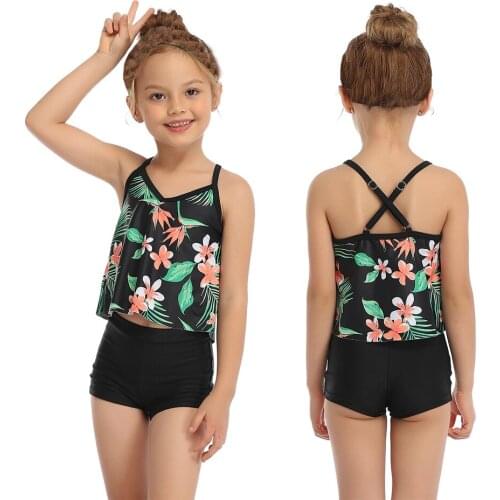Girls Floral swimsuit two-pieces swimwear Tankini kids sleeveless summer beachwear children bathing suit Childrens Swimsuit