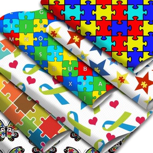 Autism Theme Faux Leather Sheets Butterfly Heart Pattern Printed Synthetic Leather Fabric Roll for DIY Garment Accessories