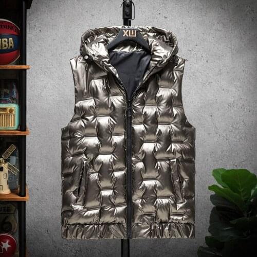 2021 Mens Autumn and Winter Glossy down Cotton Warm Vest Youth Trendy Outer Wear Fashion and Handsome Hooded Vest