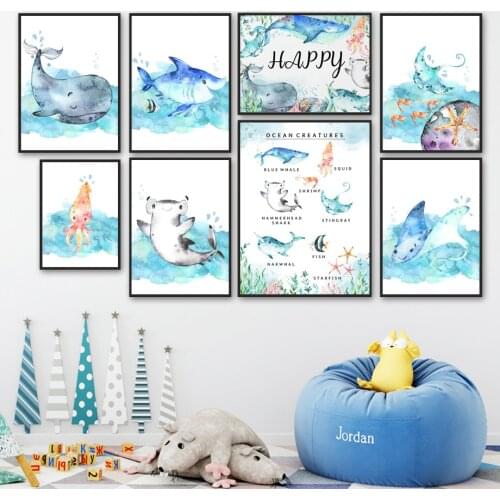 Sea Animal Blue Whale Shark Octopus Lobster Wall Art Canvas Painting Nordic Posters And Prints Wall Pictures For Kids Room Decor
