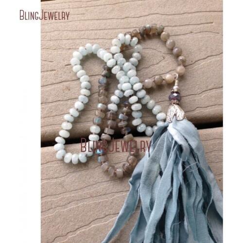 Aquamarin Jades Labradorite Beads Necklace Boho Sari Silk Tassel Necklace Neutral Stone Unique Accessory Beads Necklace NM21467