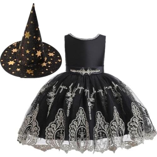 FOCUSNORM Halloween Baby Girls Dress+Hats 1-8Y Embroidery Flower Princess Formal Party Wedding Tulle Mesh Lace Gown Dresses