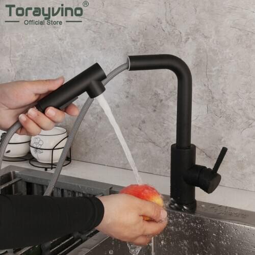 Torayvino Kitchen Faucet Square Single Handle Pull Out Single Hole 360 Degree Rotation Deck Mount Hot And Cold Mixer Water Tap