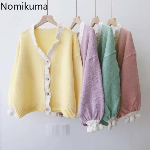 Nomikuma Knitted Sweater Coat 2020 Autumn Women Hit Color Ruffle Cardigan Jacket Korean Long Sleeve V-neck Sweet Pull Tops 6B373