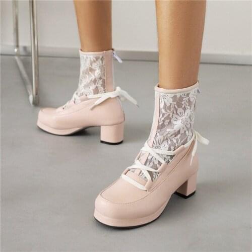 YMECHIC 2021 Summer Autumn Pu Lace Stitching Ankle Women Boots Sexy Chunk Heel Cross Strapping Shoes Dropshipping Size 45 Black