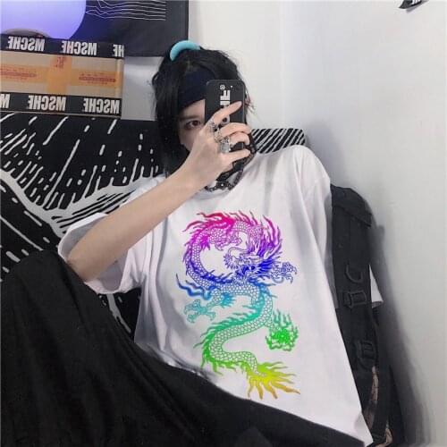 Womens T-Shirts Rainbow Dragon Printed Tshirt Harajuku Vintage Shirt Gothic Loose Clothing Woman Summer Tops Tee Female T-shirt