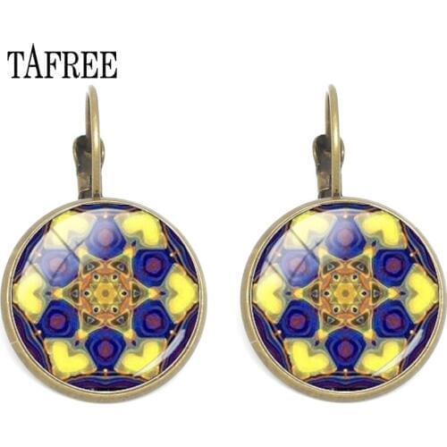TAFREE Women Jewelry Glass Dome Mandala Earrings Henna Earring For Women OM Symbol Buddhism Zen Retro India Jewelry HN441