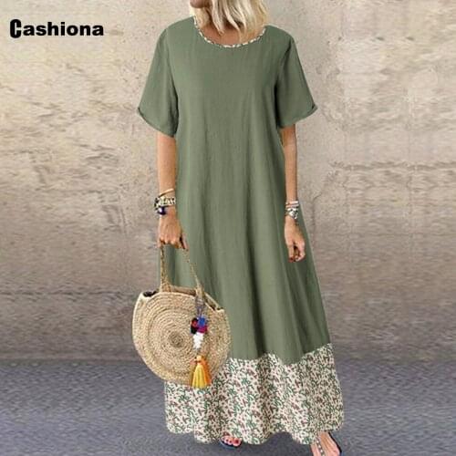 Cashiona 2021 Women Elegant Long Dress Floral Print Summer Bohemian Cotton Linen Dresses Plus size 3xl Ladies Vintage Maxi Dress