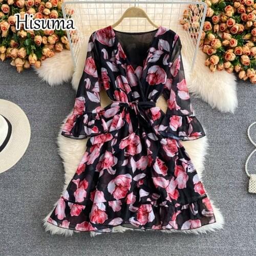 2021 autumn new womens V-neck flare sleeve flower print chiffon party dress female Chic elegant lace-up waist A-line dresses