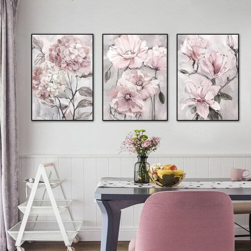 3 Panel Pink Flowers Painting Nordic Modern Plant Canvas Prints And Posters Wall Art Picture For Living Room Home Decoration