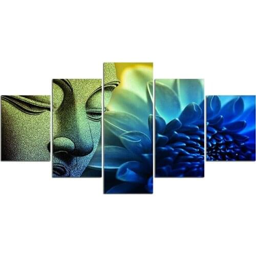 5 Pieces Canvas Pictures Print Wall Art Canvas Blue Lotus Buddha Statue Paintings Wall Decorations for Living Room No Framed
