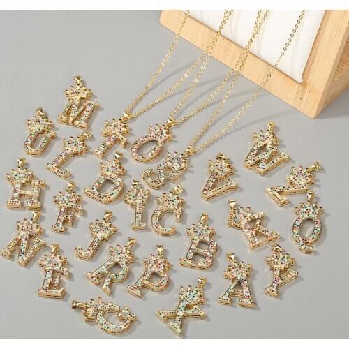 Crown 26 Letters Chain Necklaces & Pendant For Men Women vintage rainbow Cubic Zircon Hip Hop necklaces Jewelry gift wholesale