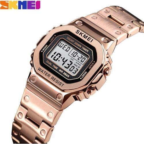 SKMEI Retro Fashion Digital Watch Women 30M Waterproof Multi-Function Watch Stainless Steel Strap reloj digital mujer 1433 ClocK