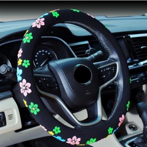 Black Steering Cover With Multicolor Flowers Steering Wheel Cover All Seasons Wheel Cover 38cm Car Accessory