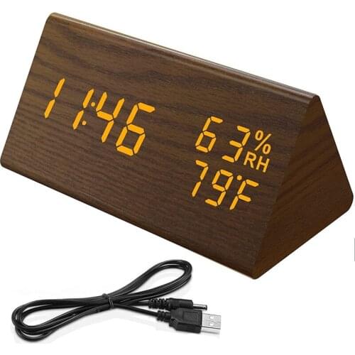 Digital Alarm Clock Wooden LED Clock Time Display 3 Alarm Settings Humidity & Temperature Detect for Bedroom, Office