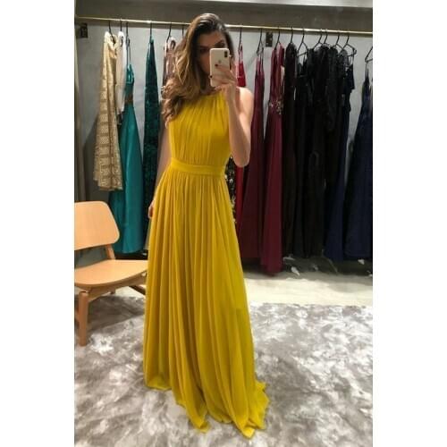 Long A-Line Chiffon Halter Evening Dresses with Pockets Floor Length Pleated Zipper Back Yellow Formal Party Dresses for Women