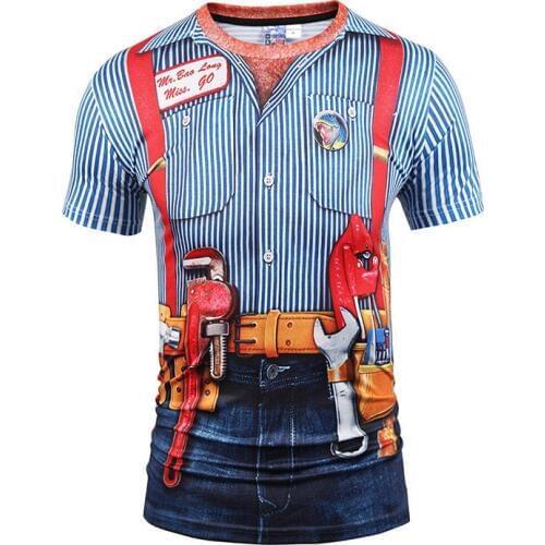 2020 New Style Men Summer Fashion Short Sleeve T shirt 3D Print Fake Two Piece Tshirt Belt Striped T-Shirt Repairman