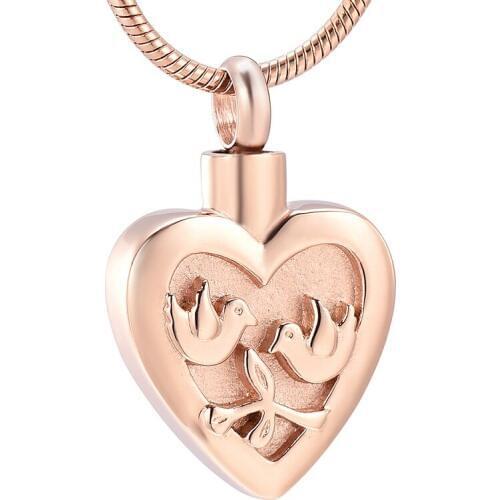 IJD12441 Double Bird Heart Stainless Steel Cremation Memorial Pendant for Ashes Urn Keepsake Necklace Souvenir Jewelry