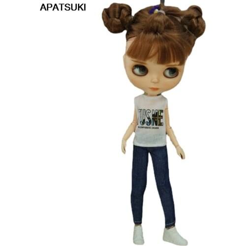 Fashion Doll Clothes For Blythe Doll Outfits White Letter Tank Top Denim Pants Trousers For Blyth Doll 1/6 Dolls Accessories