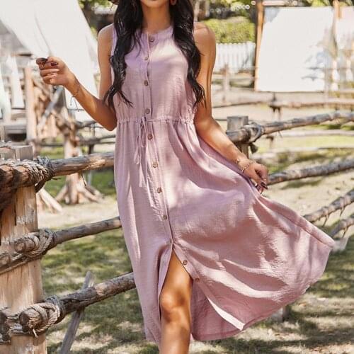 Fashion Ladies Sleeveless Round Neck Picnic Daily Dress Button Placket Loose Simple Women Round Neck Solid Color Beach Dress