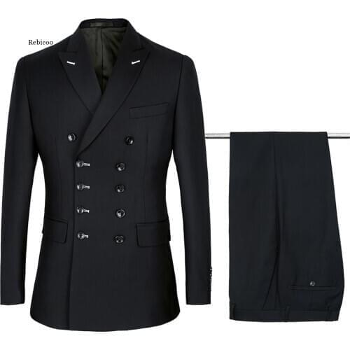 Men Suits Slim Fit New Fashion Suit Double Breasted Peak Lapel Navy Blue Black Wedding Groom Party Prom Skinny Costume