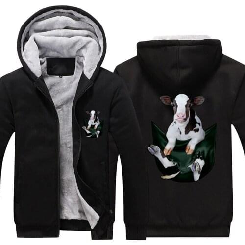 2021 New Cute Calf Wool Thick Hoodie Windproof Warm Winter Hoodie A gift for Cow Girl Mom, Zippered Thick Hoodie