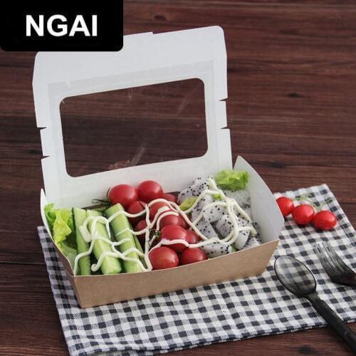 Disposable Box Salad Box Kraft Paper Box Wrapper Food Grade Waterproof Anti-Oil Packing Tools French Fries Fried Food Tray 10pcs