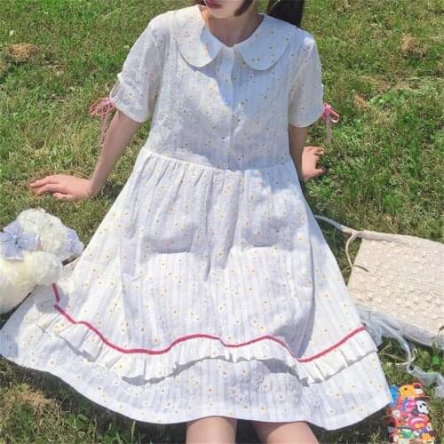 OLOMLB Women Kawaii Lolita Dress Japanese Sweet Peter Pan Collar Dresses Small Chrysanthemum Loose Lace Short Sleeve Clothing