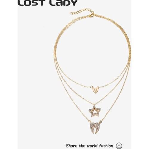 Lost Lady 3 Layers Hip Hop Cool Gold Color Choker Necklaces For Women Simple Star Pendant Necklace Party Jewelry Accessories